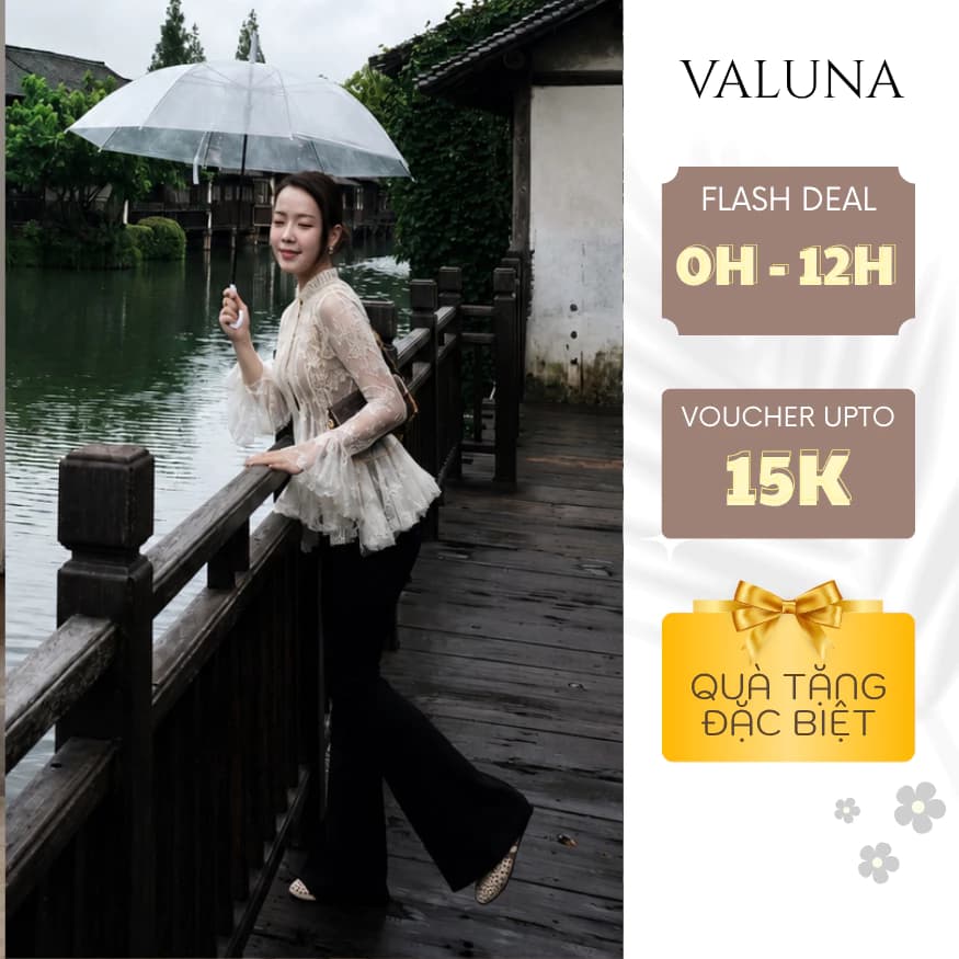 Set áo ren hoa tay loe phối quần dài ống loe nữ chiết eo thanh lịch sang trọng VALUNA STORE 2767
