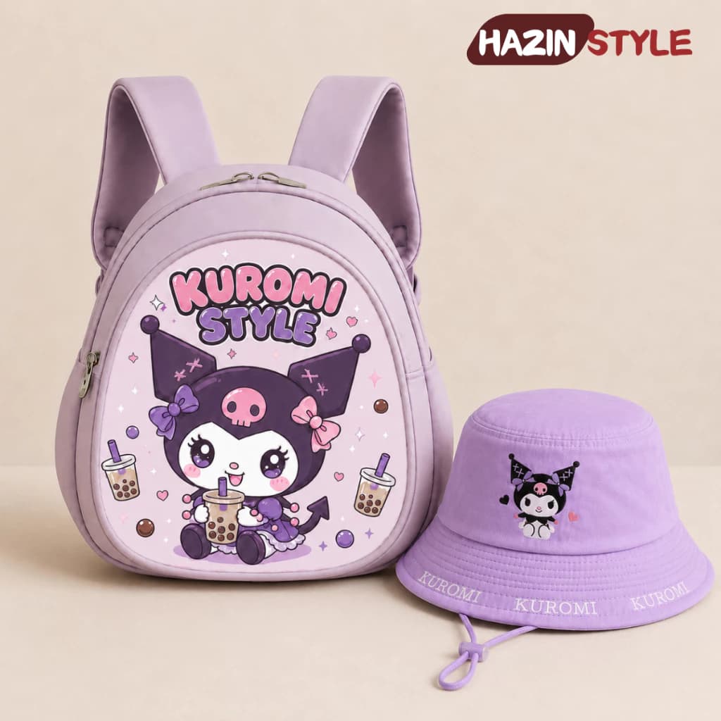 Balo và Mũ bucket cho bé gái bé trai từ 2-5 tuổi đi học mầm non mẫu giáo, in hình Kuromu Hello kitty dễ thương