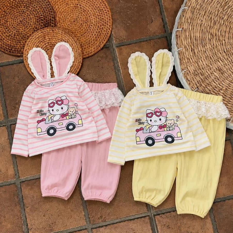 Set bộ bé gái thu đông áo thun kẻ dài tay đính tai thỏ phối ren kèm quần bom bo gấu cạp ren điệu đà H&2T Baby Kid - S18