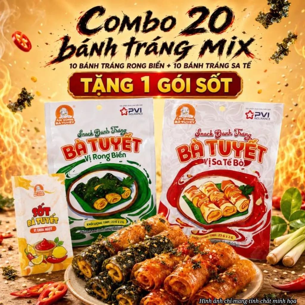 (Tặng 1 gói sốt) Combo 20 gói bánh tráng mix rong biển và sa tế - Ăn Cùng Bà Tuyết