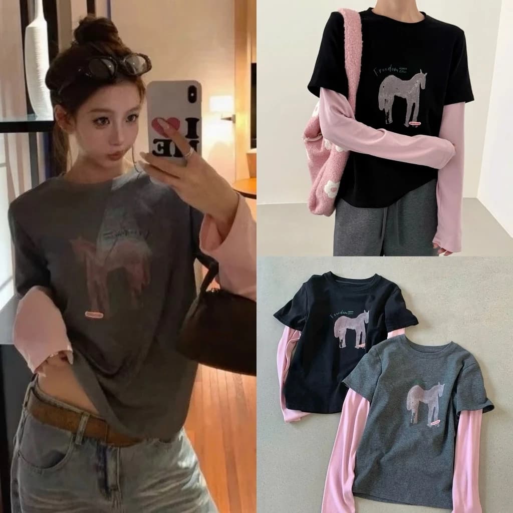 Áo dài tay thun cotton họa tiết ngựa hồng phối tay hồng màu đen và xám - TikTik