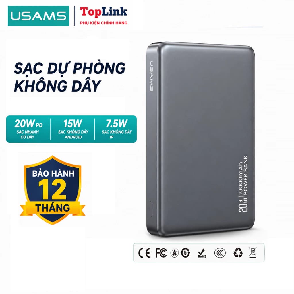 Sạc Dự Phòng Ko Dây Usams CD242 Có 3C 10.000mah Mag.Safe Sạc Dây 20W Không Dây 15w - 7.5w Cho IP 12 13 14 15 16 17
