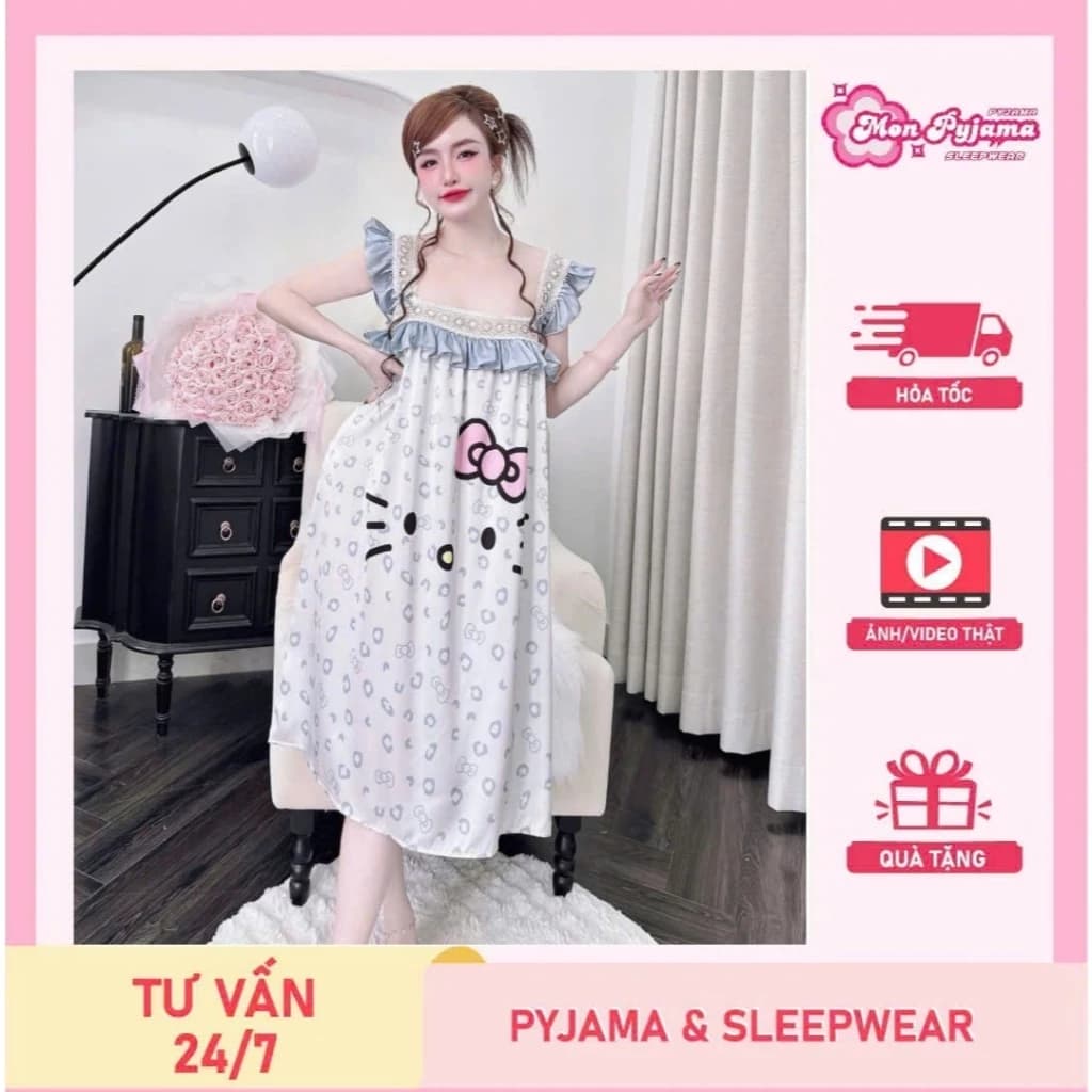 Đầm ngủ lụa nữ dáng dài cổ vuông tay bèo họa tiết dễ thương mềm mát mặc nhà sang chảnh Siêu xinh[21]