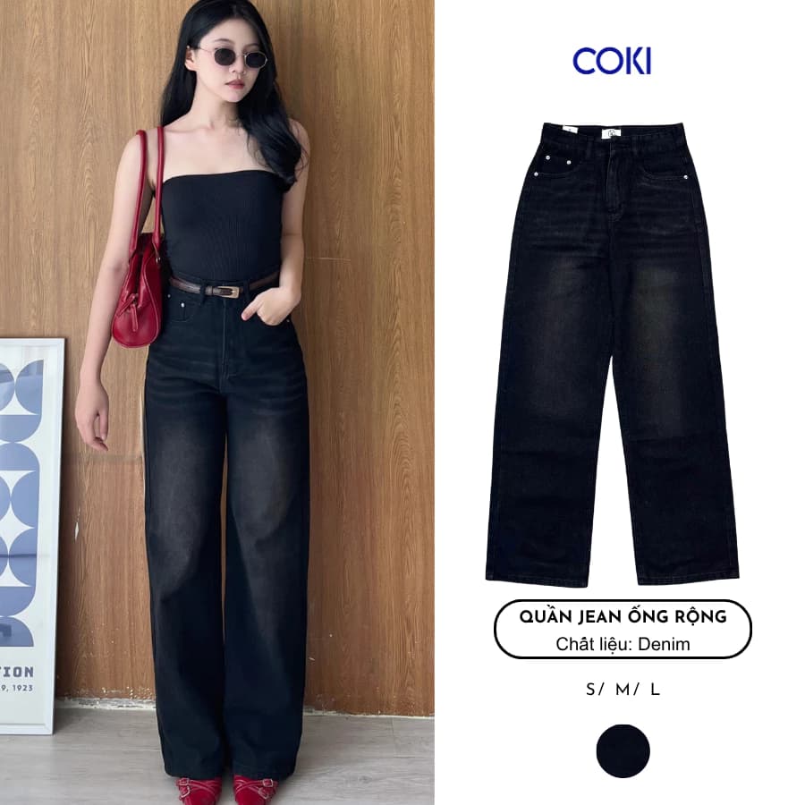 Quần jean Nữ suông trơn ống rộng màu đen xám lưng Cao