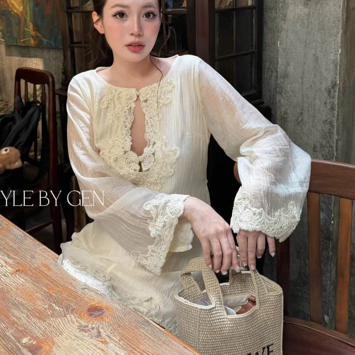 CIN2808- ĐẦM DÀI TAY NỮ DÁNG NGẮN NỮ TƠ REN NỮ