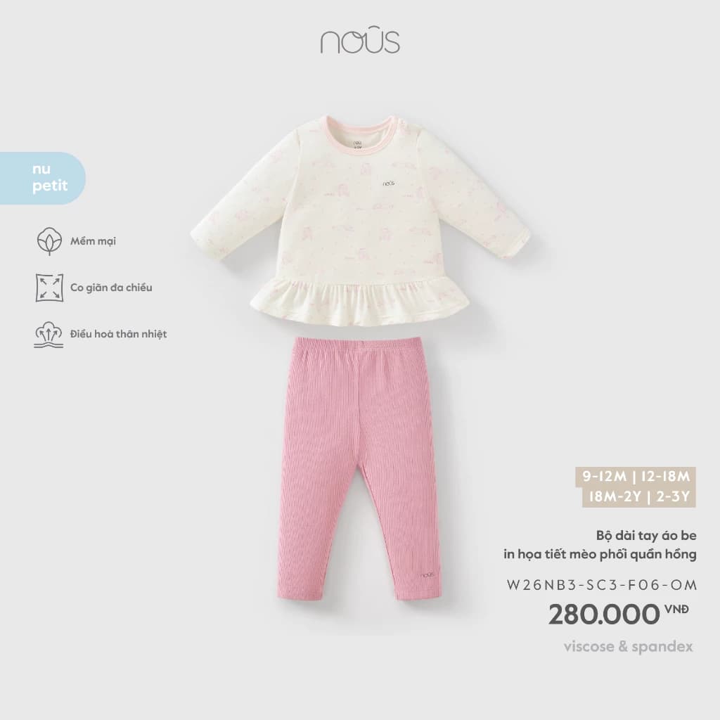 Nous Baby Bộ quần áo dài tay, bộ dài in họa tiết chui đầu cách điệu cho bé gái, vải petit co giãn từ 7.5-15kg BST T9