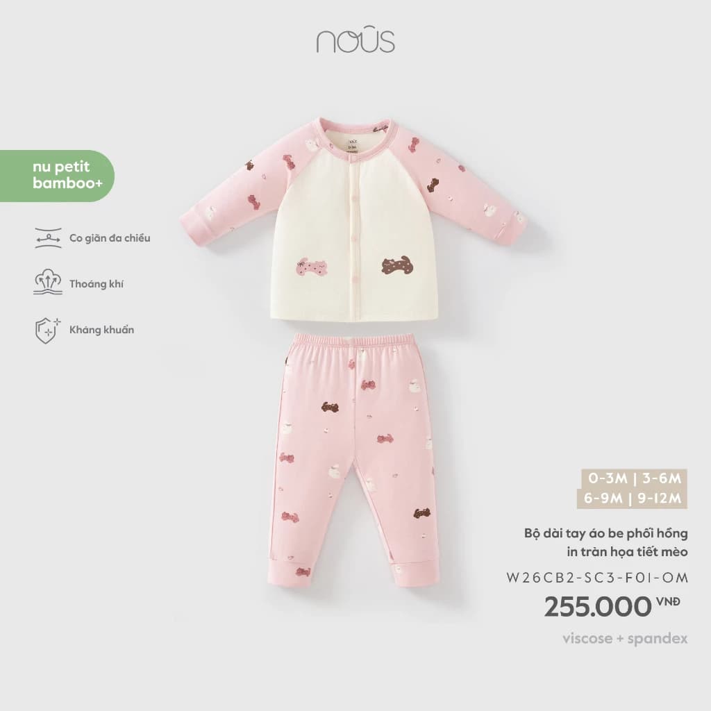 Nous Baby Bộ quần áo dài tay cài thẳng, bộ dài in họa tiết mềm dai bé trai bé gái dưới 10.5 kg BST T9