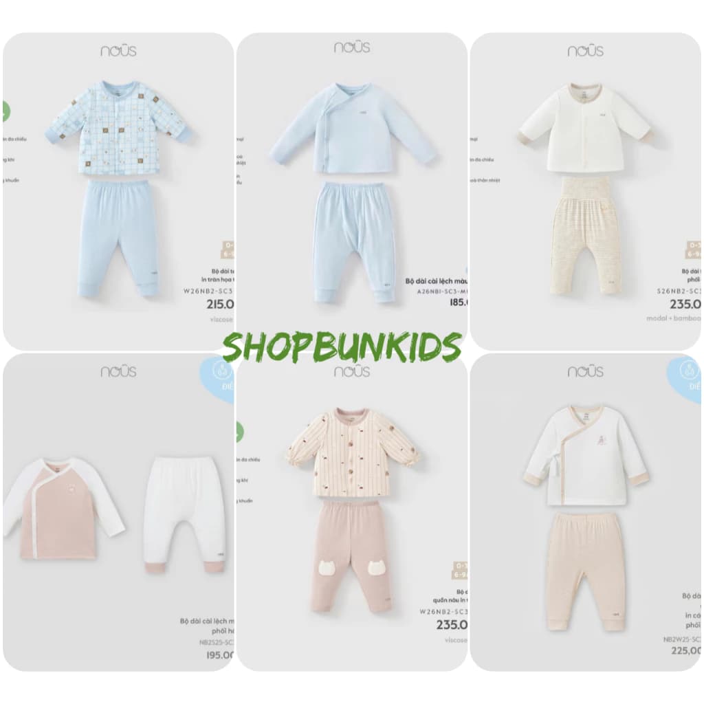 [ Nous ] Bộ sơ sinh dài tay Nous vải petit mềm mịn vải mỏng size 0 - 3m , 3-6m , 6-9m, 9-12m giữa chéo đủ size full