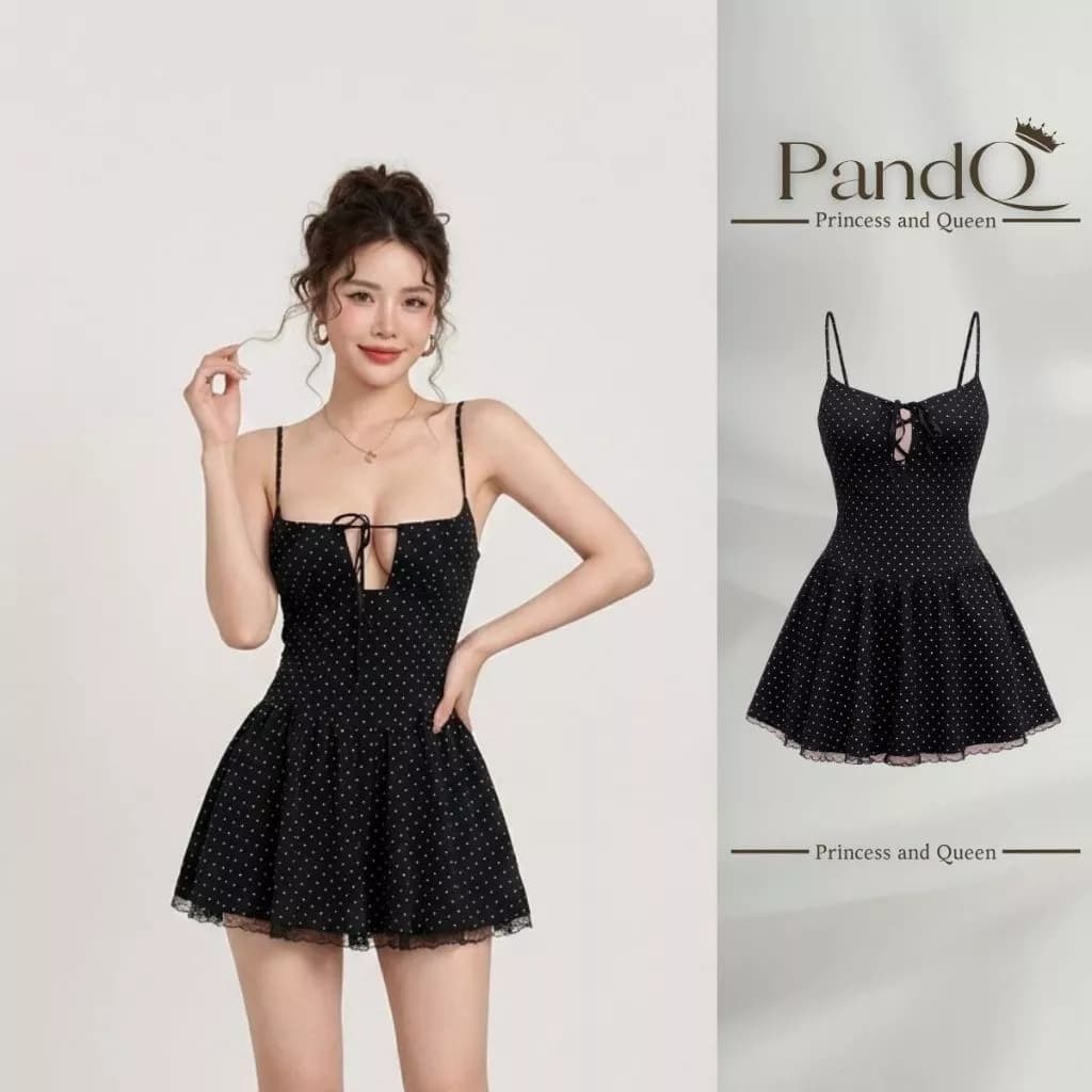 Đầm xòe mini P&Q chân váy ngắn vải chấm bi có mút khoét ngực gợi cảm đi chơi | vd0099