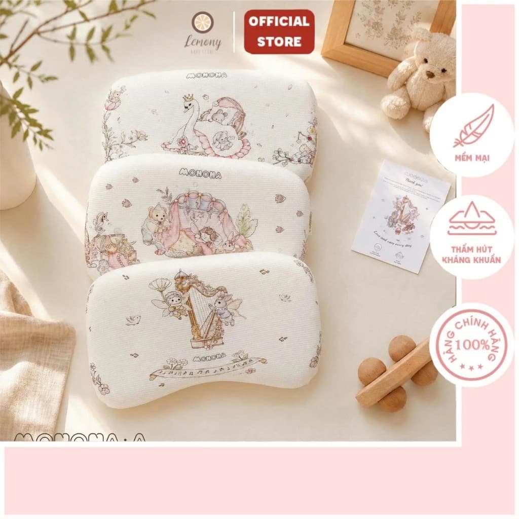 Gối cao su non cotton waffle Monona cao cấp cho bé với họa tiết cổ tích xinh xắn, mềm mại, giúp bé ngủ ngon
