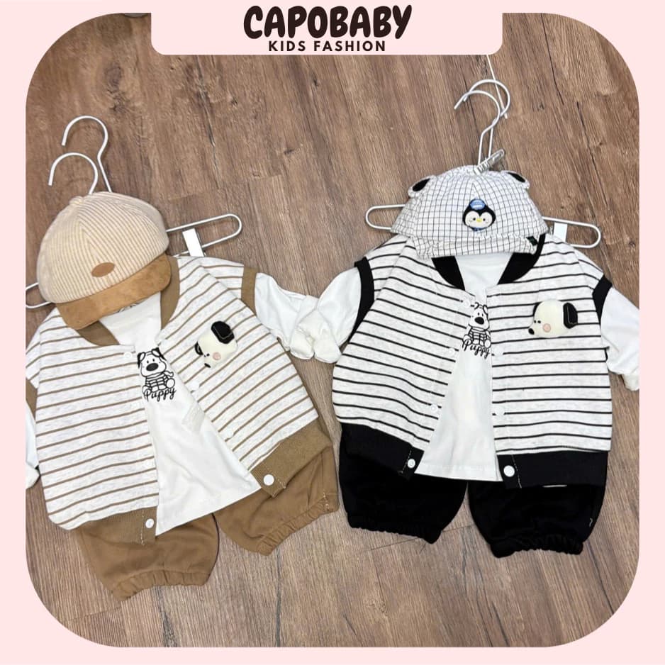 Set Bộ Quần Áo Thu Đông Cho Bé Trai Bé Gái Kèm Áo Ghi Lê Kẻ Sọc Kèm Mũ Họa Tiết Chú Chó Puppy Đáng Yêu(BN900)
