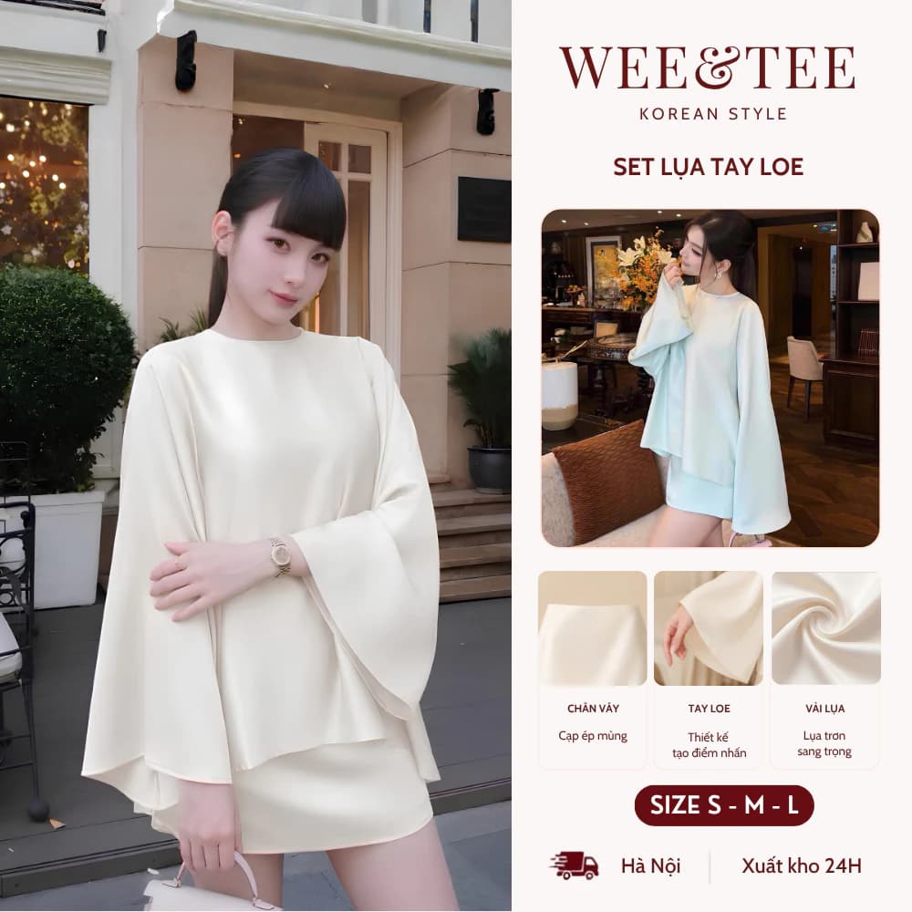 [MỞ BÁN GIẢM 20K] Set Lụa Trơn Cổ Tròn Tay Dài Loe Phối Chân Váy Chữ A Cạp Ép Mùng Đơn Giản Sang Trọng