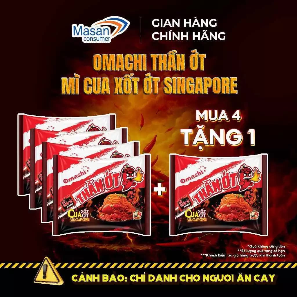 Mì cay Omachi Thần Ớt Siêu Cay Cua xốt ớt Singapore - Combo 4 gói x 128gr