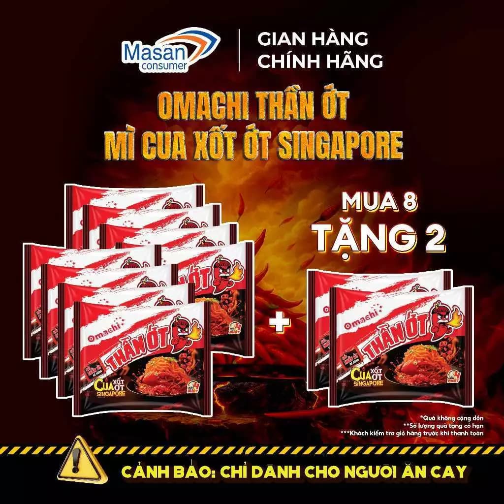 Mì cay Omachi Thần Ớt Siêu Cay Cua xốt ớt Singapore - Combo 8 gói x 128gr