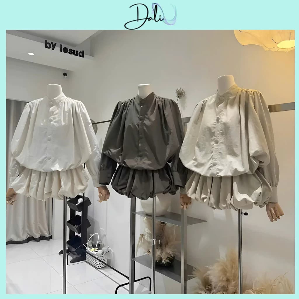 Set Váy Cổ Trụ Dài Tay Cúc Bọc Nhún Vai Chun Eo Dáng Bí Phồng
