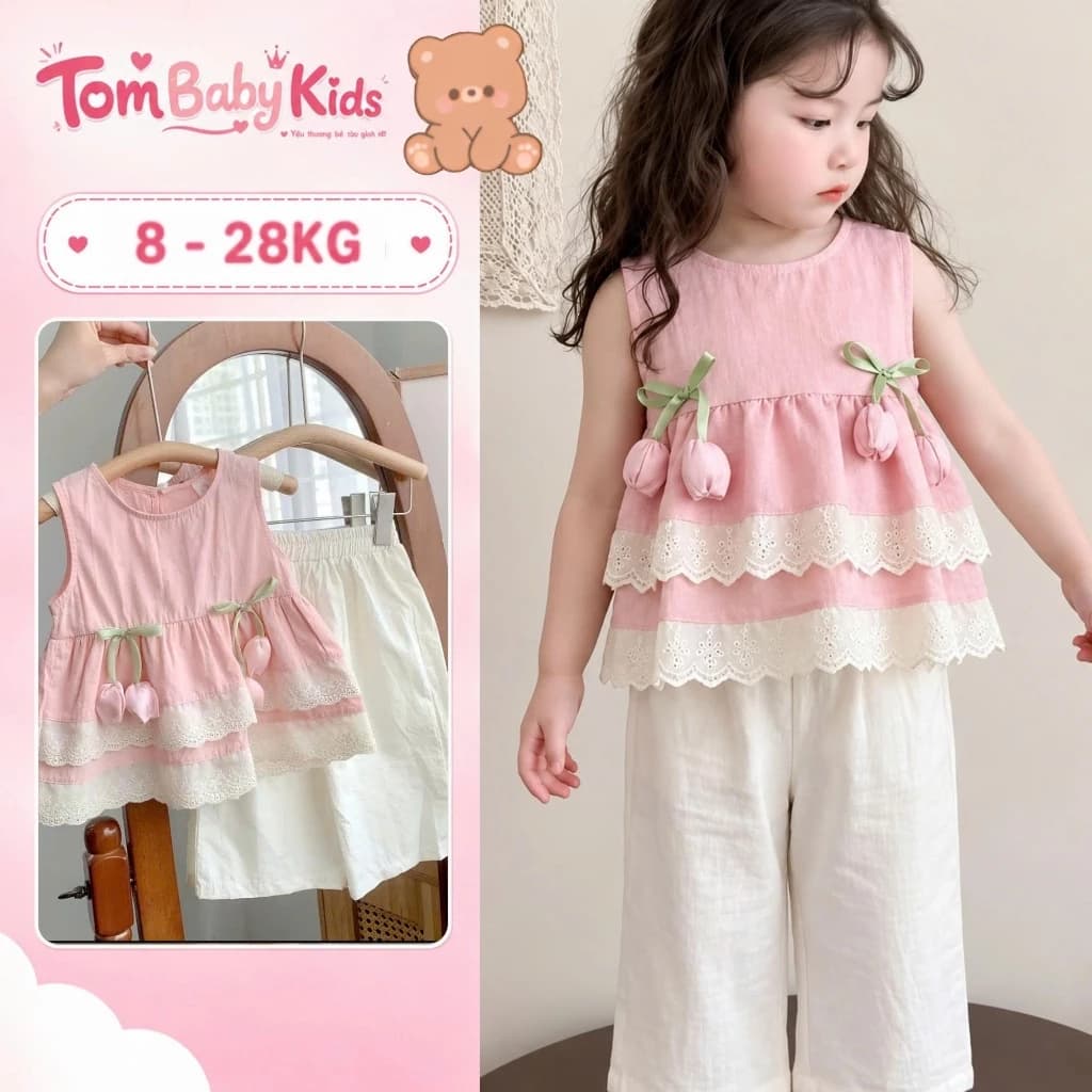 Set bộ bé gái, bộ quần áo trẻ con áo hoa Tulip phối quần xuông ống rộng thoải mái cho bé 9-24kg Tom Baby Kids (B-112-HN)