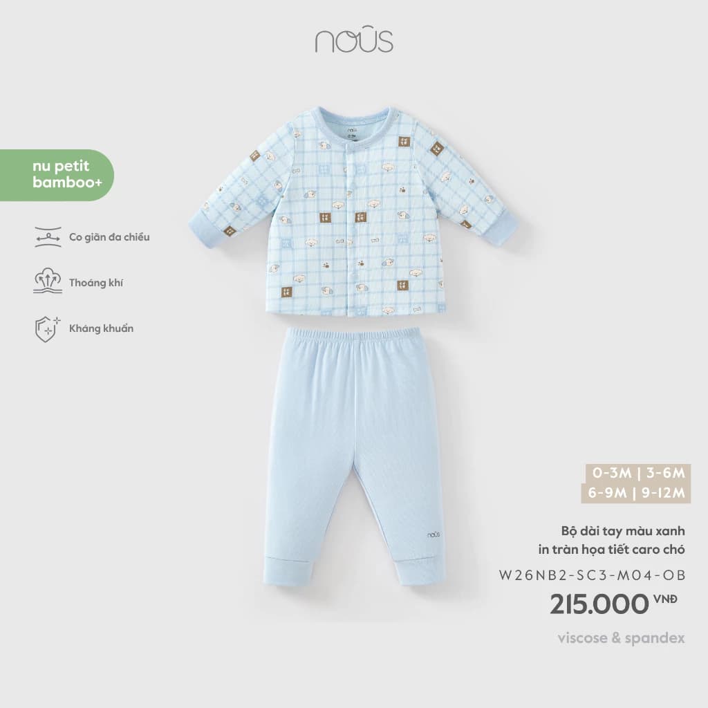 Nous Baby Bộ dài cài thẳng, bộ dài cho bé phối màu co giãn thoáng mát in hình cho bé dưới 10.5kg