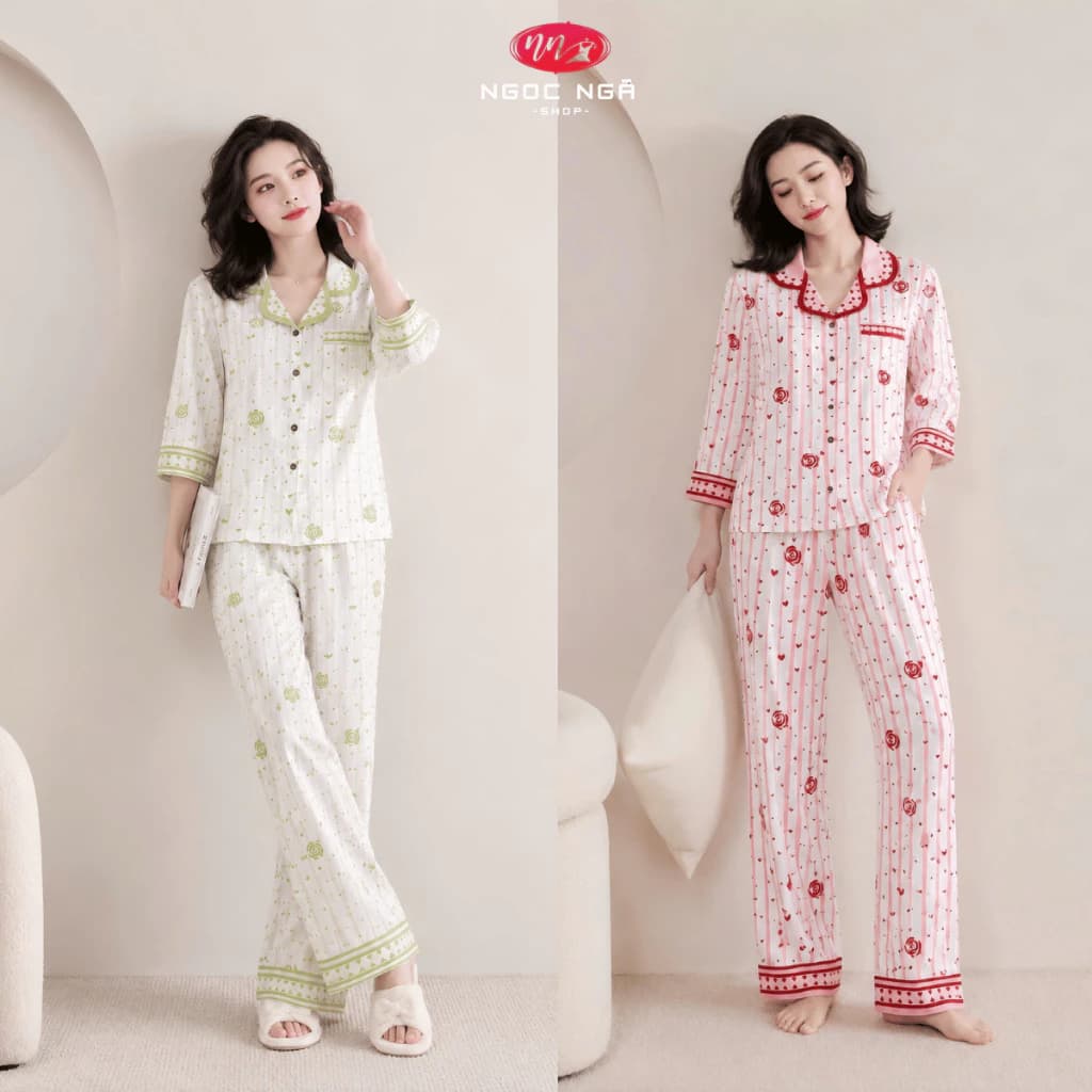 Bộ Lụa Dài Nữ ANNA Vân Gỗ Áo Tay Lỡ Quần Dài Họa Tiết Houndstooth Kẻ Tim