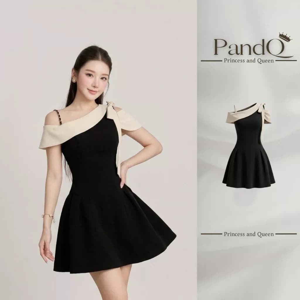 Váy Lệch Vai Phối Viền Kem PandQ Đầm Xòe Ngắn Phối Dây Xích Thắt Nơ Vai Tôn Dáng Cao Cấp Sang Trọng | vd0143