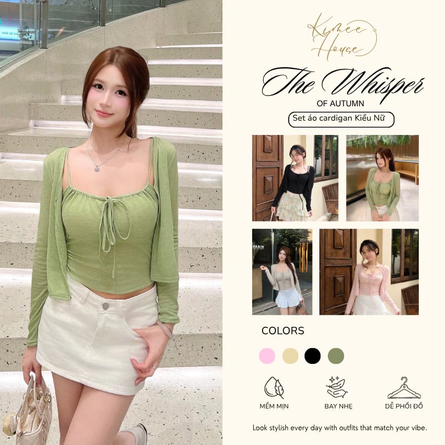 Set Cardigan Nữ Kiểu Áo Hai Dây Kèm Áo Khoác Chống Nắng Điệu Đà Mùa Thu Đông Kimee - KA976