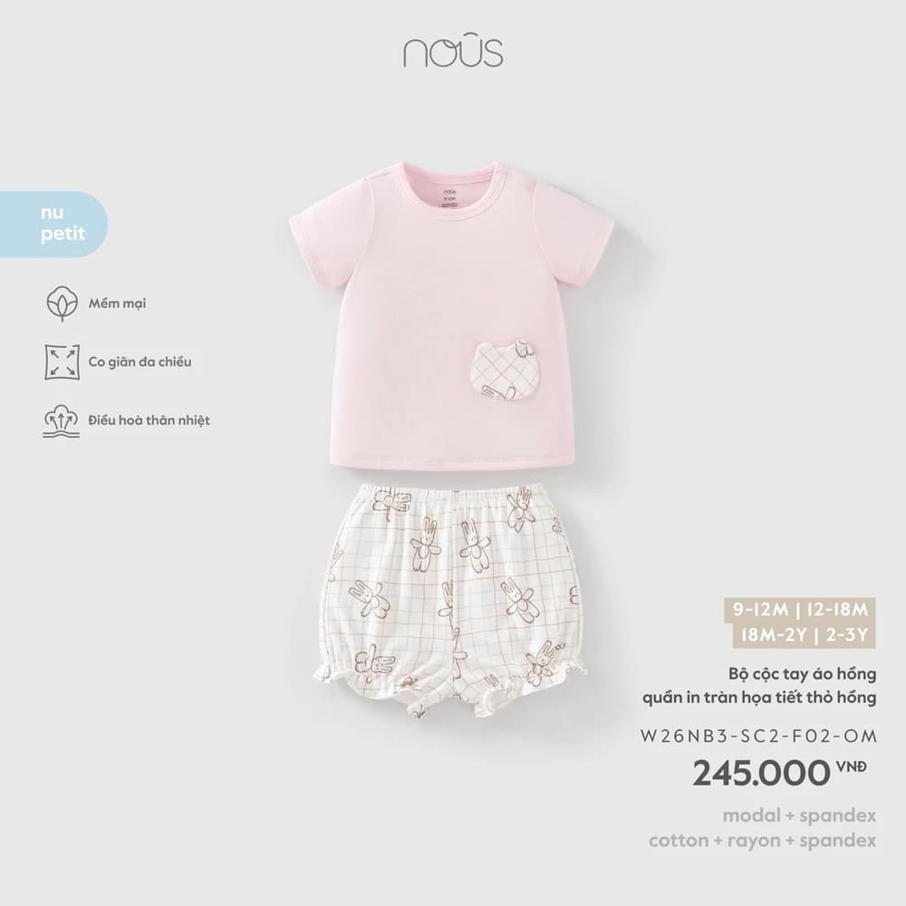 Nous Baby Bộ cộc tay in họa tiết, bộ áo thun quần short mềm mát co giãn cho bé từ 8.5-15kg BST T9