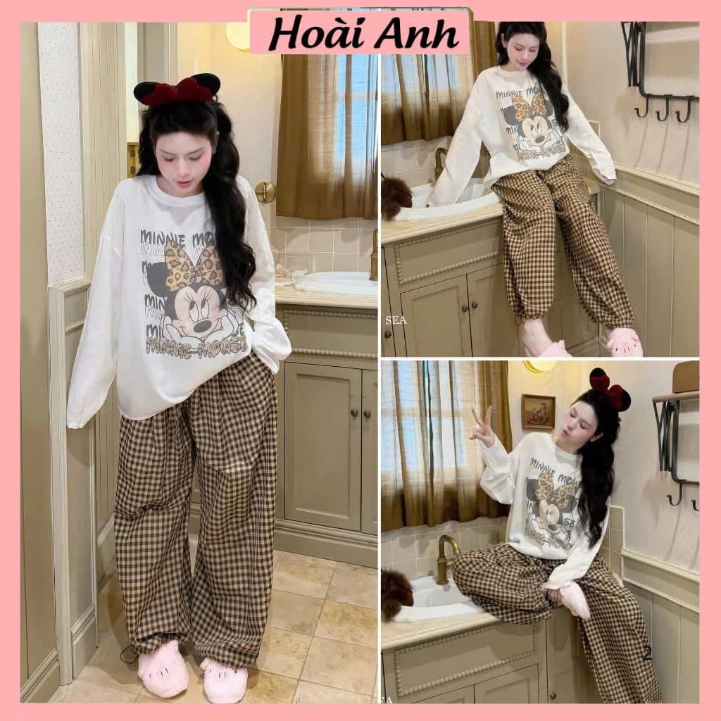 Set Bộ Đồ Nữ Áo Thun Giấy Trắng Dài Tay In Mickey Minnie Mouse Dài Tay Mix Quần Suông Dài Kẻ Caro Nâu Đen Ống Rộng