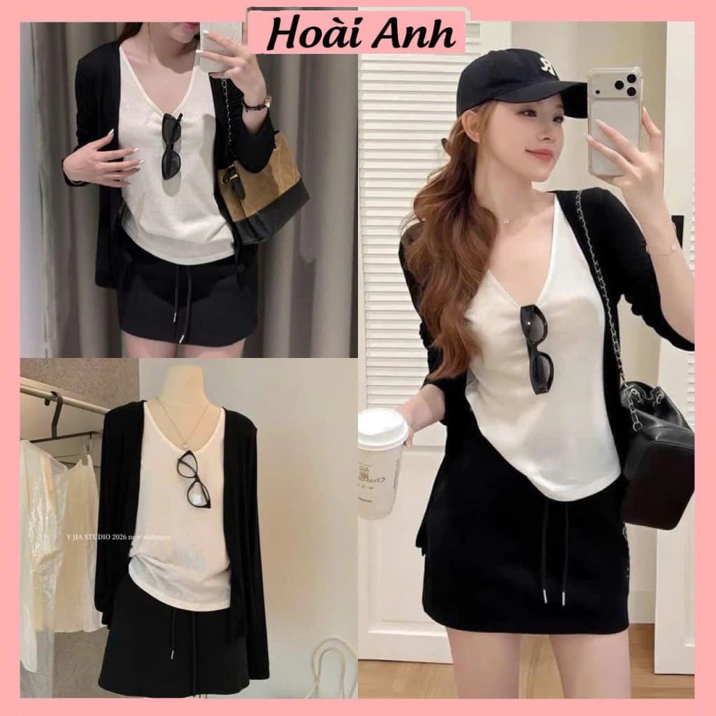 Set Bộ Đồ Nữ 3 Món Áo Thun Giấy Trắng Cổ V Kèm Áo Khoác Cadigan Đen Mix Chân Váy Umi Chữ A