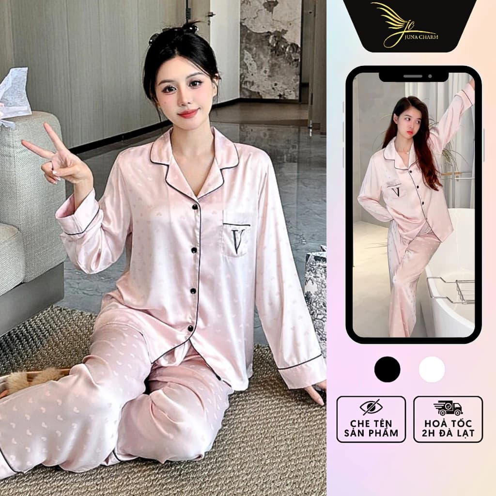 Bộ Pijama Mặc Nhà, Đồ Bộ Dài Trơn JUNA Freesize Thời Trang Đồ Ngủ Dành Cho Nữ, Chất Vải Lụa Gấm Cao Cấp, Màu Hồng/SP5661