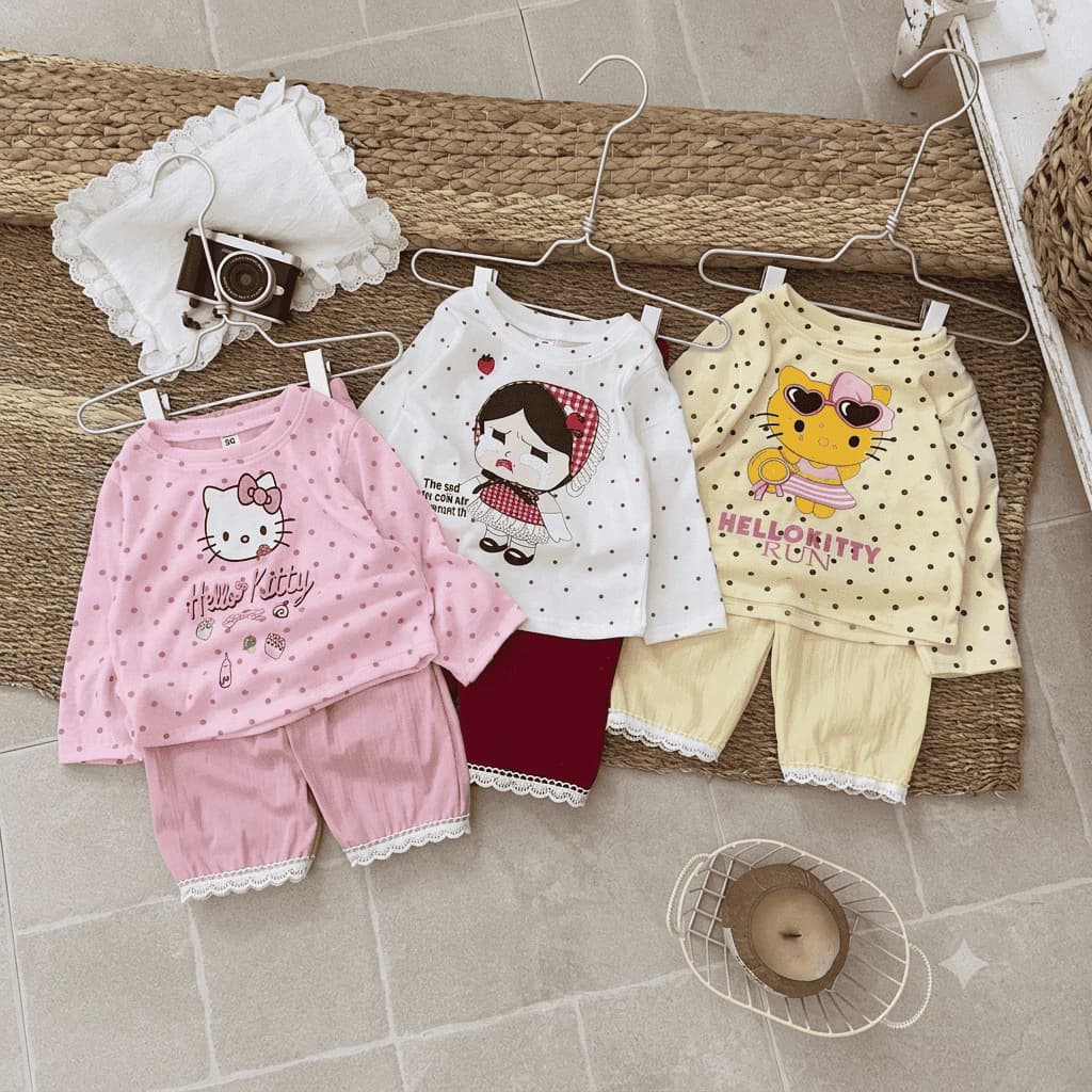 Bộ đồ dài áo cotton chấm bi quần gió lụa, viền ren gấu quần, 3 màu, sz 8-22 kg đồ thu đông cho bé