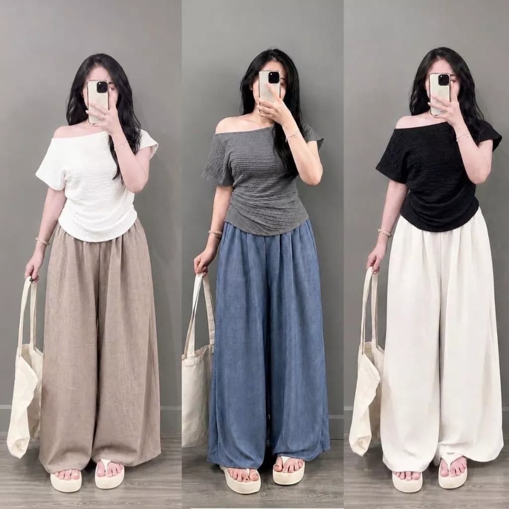 Set Bộ Bigsize Nữ Áo Thun Nhún Eo Cổ Thuyền Kèm Quần Đũi Suông Ống Rộng - SET(A267+Q564)