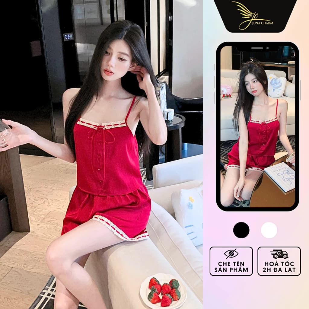 Bộ Ngủ 2 Dây Quần Đùi, Đồ Mặc Nhà Xinh Xắn JUNA Freesize Thời Trang Đồ Ngủ Dành cho Nữ, Chất Lụa Cao Cấp, Màu Đỏ/SP6418