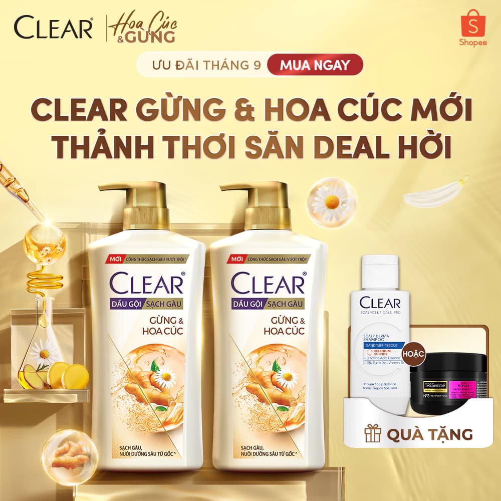 Combo 2 Dầu Gội Clear Thảo Dược, Gừng Hoa Cúc Nuôi Dưỡng Da Đầu Từ Gốc, Sạch Gàu Và Giảm Gãy Rụng 630g