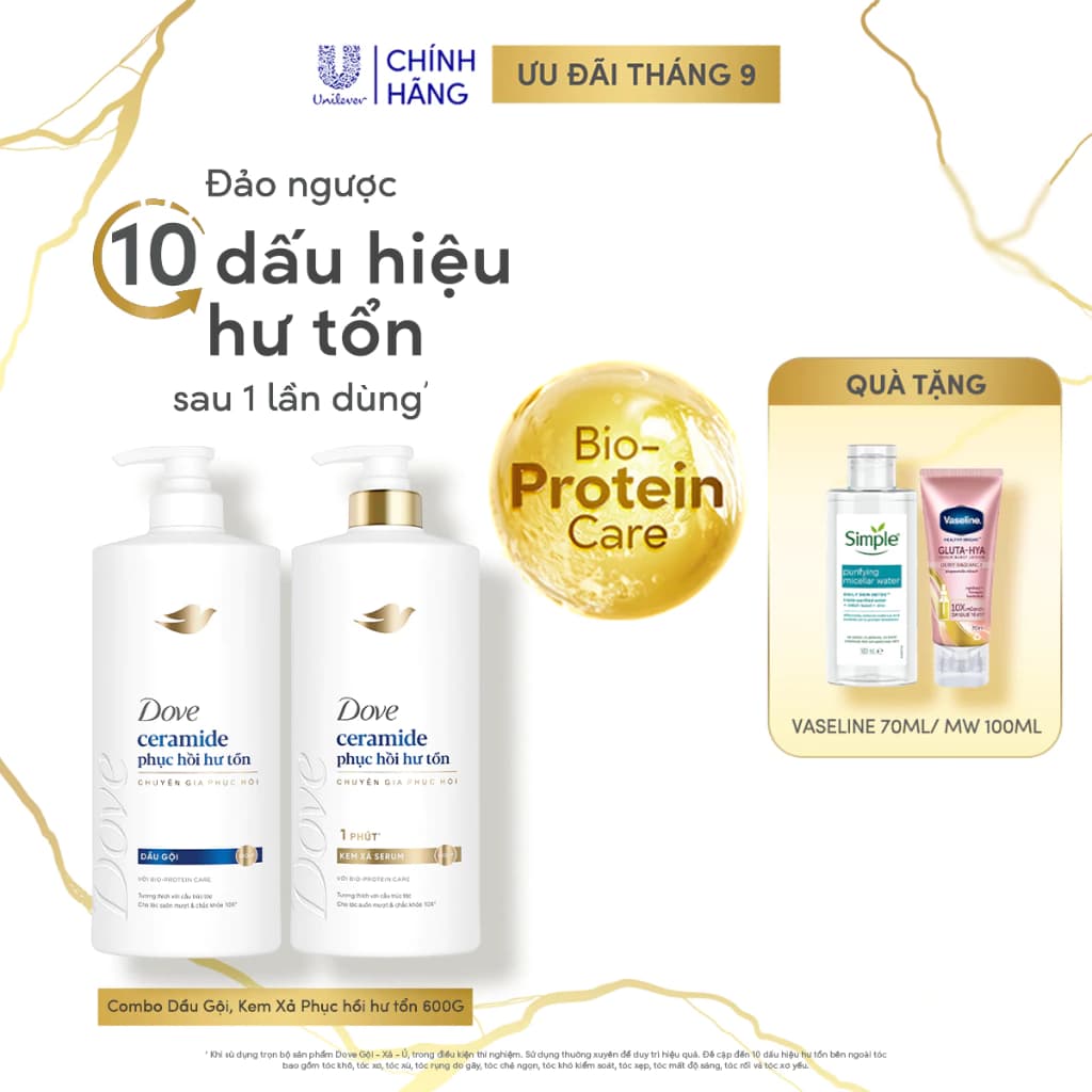 Combo Dầu Gội, Kem Xả Dove Ceramide Phục hồi hư tổn/Biotin Ngăn gãy rụng tóc mới 600G