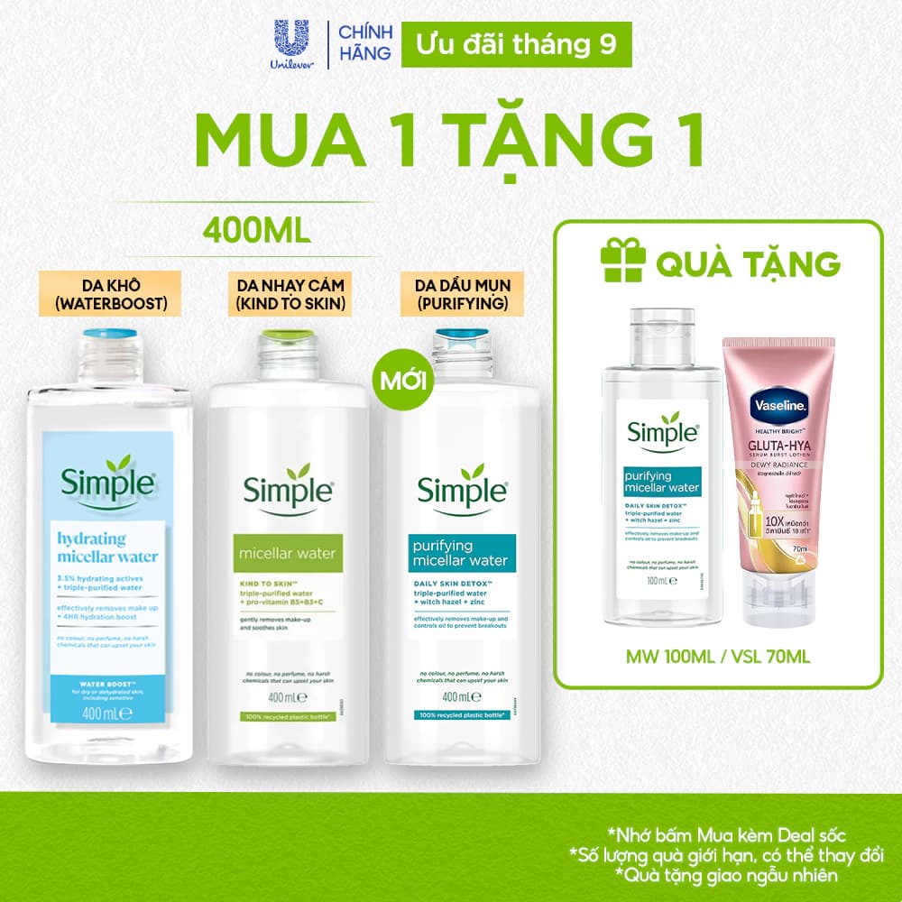 NƯỚC TẨY TRANG SẠCH SÂU DỊU NHẸ - SIMPLE MICELLAR WATER 400ML