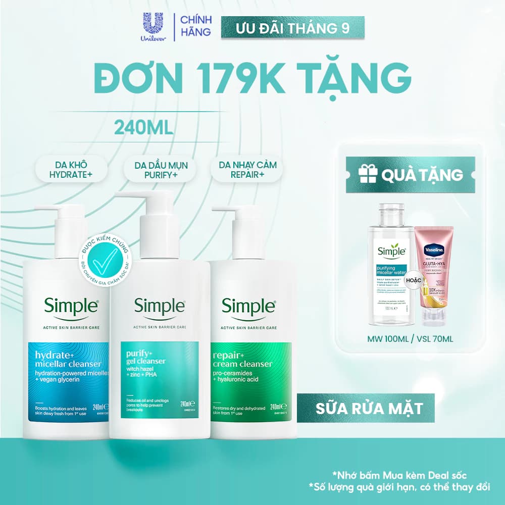 [MỚI] Sữa Rửa Mặt Simple 240ml Purify+ Giảm Mụn Sau 7 Ngày, Repair+ Phục Hồi Da, Hydrate+ Giúp Da Trông Căng Mướt