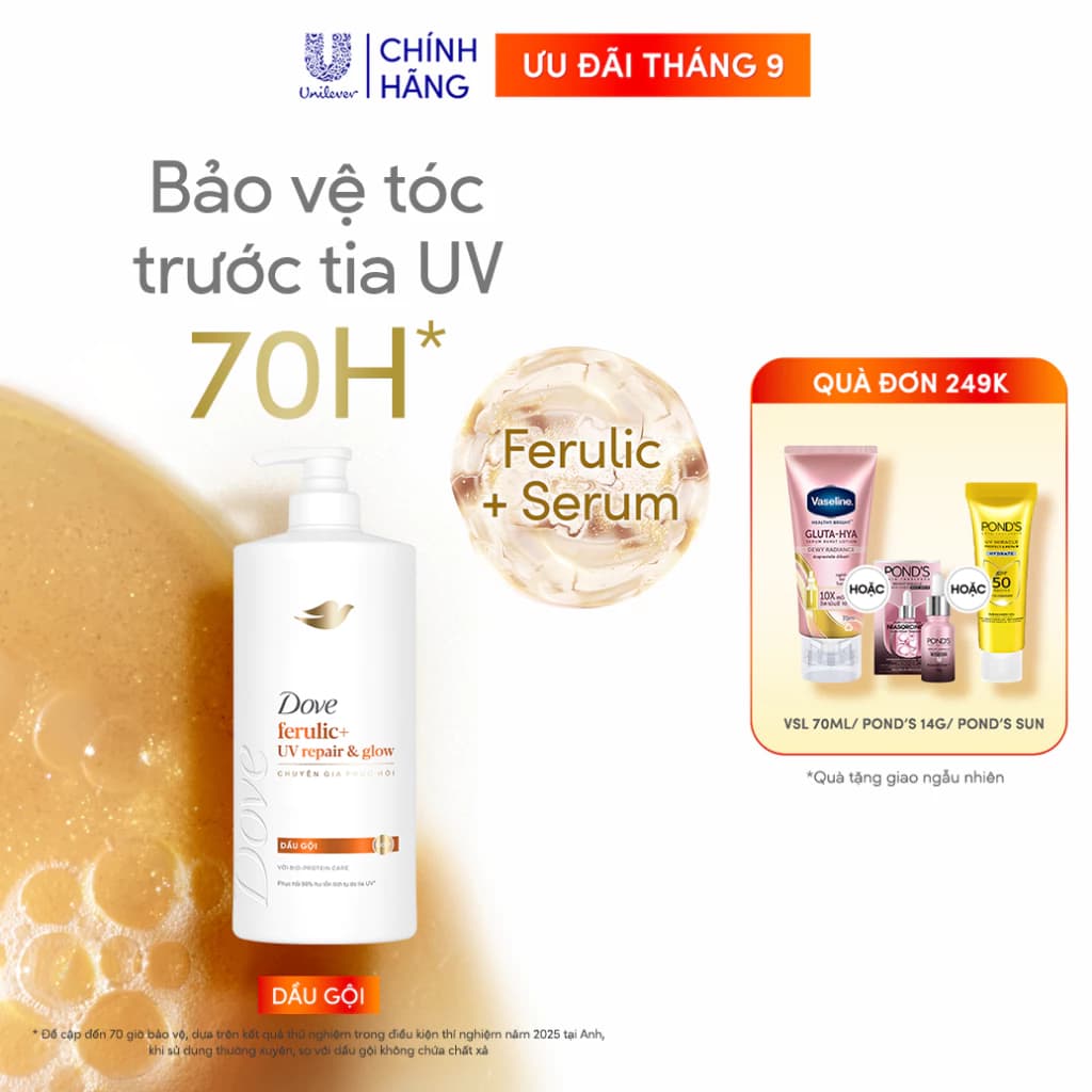 Dầu gội Bảo Vệ Tóc Trước Tia UV Dove Ferulic+ Repair & Glow 600G