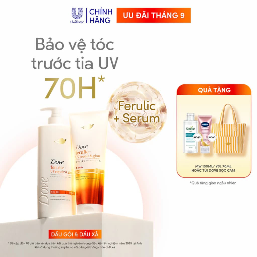 Combo Gội Xả Bảo Vệ Tóc Trước Tia UV Dove Ferulic+ Repair & Glow 600G & 300G