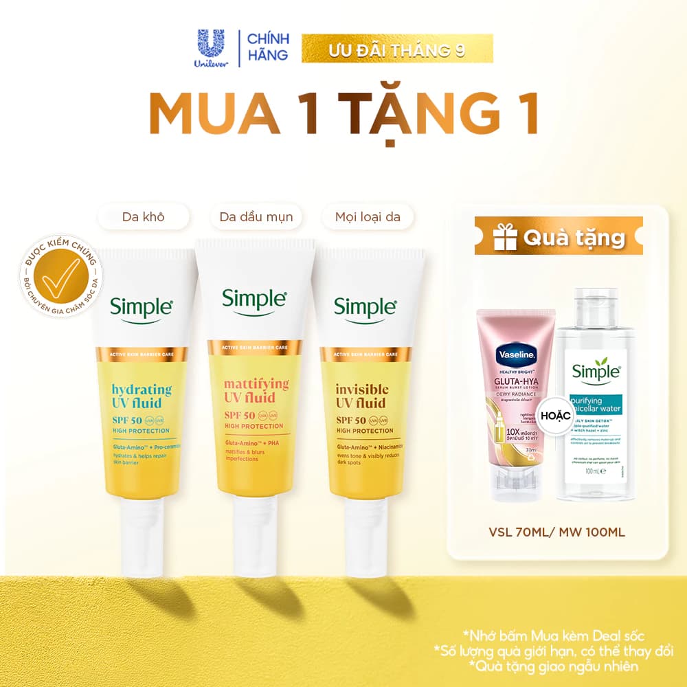 [MUA 1 TẶNG 1] Kem chống nắng Simple UV Fuild mỏng nhẹ tàng hình 40ml