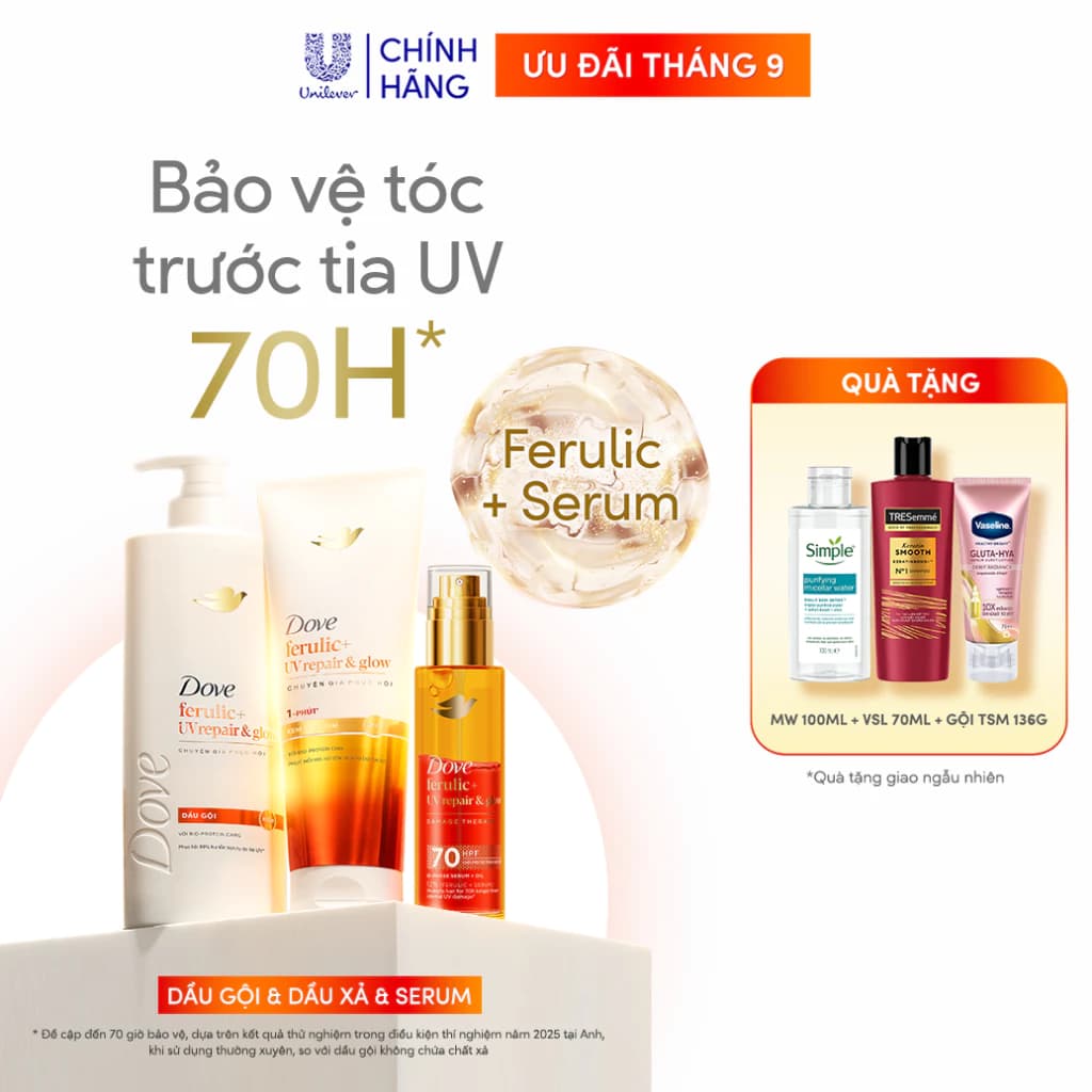 Combo Gội Xả Serum Bảo Vệ Tóc Trước Tia UV Dove Ferulic+ Repair & Glow 600G, 300G, 77ML