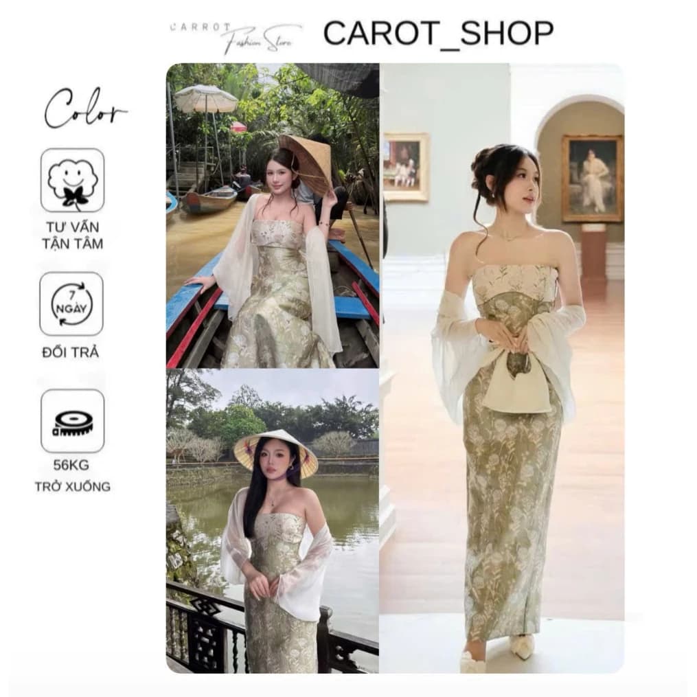 ( BIGSIZE )VN162 Đầm ống cúp vải “ GẤM XANH “ hoạ tiết hoa dáng dài xẻ tà - Set váy gấm kèm áo choàng tơ by CarrotShop
