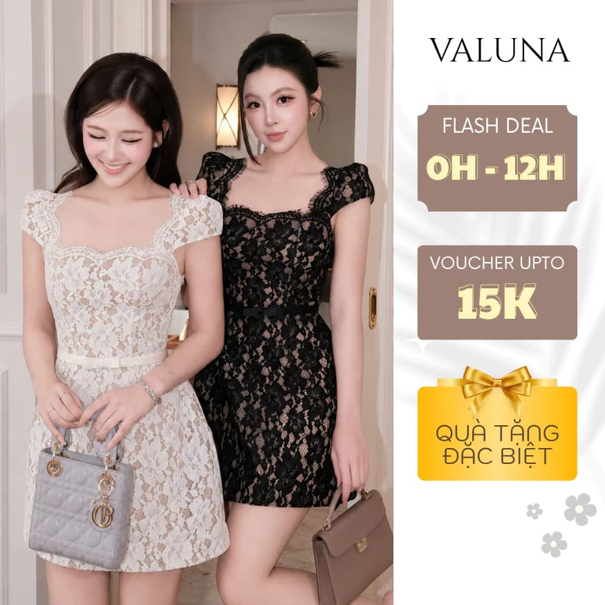 Váy ren nữ hở lưng nơ eo dáng ngắn chiết eo thanh lịch sang trọng dự tiệc VALUNA STORE 2771