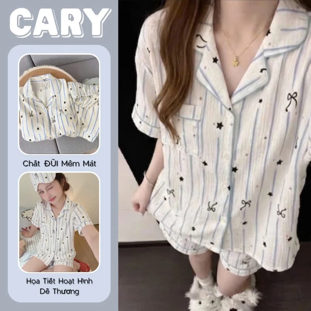 Đồ ngủ nữ mềm mại thoải mái pijama ngắn tay họa tiêt dễ thương đồ bộ mặc nhà bộ đồ ngủ pyjama CARY