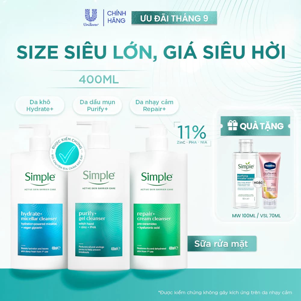 [MỚI] Sữa Rửa Mặt Simple 400ml Purify+ Giảm Mụn Sau 7 Ngày, Repair+ Phục Hồi Da, Hydrate+ Giúp Da Trông Căng Mướt