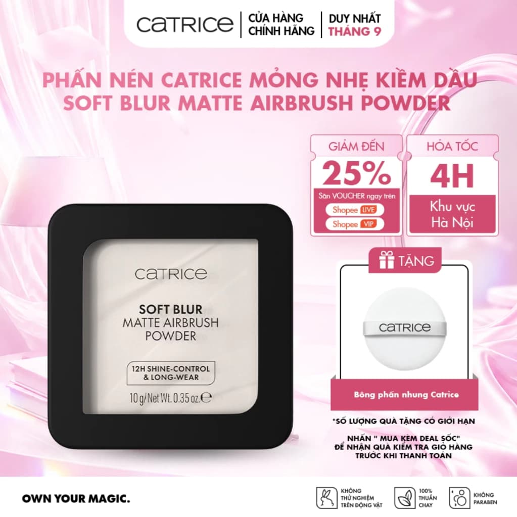Phấn nén Catrice dạng bột mỏng nhẹ kiềm dầu Soft Blur Matte Airbrush Powder 10g
