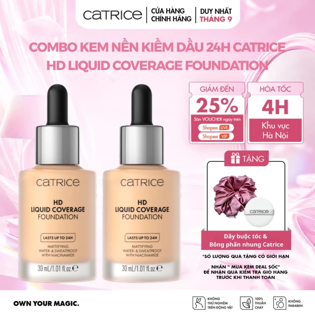 Combo Kem nền Catrice HD Liquid Coverage Foundation kiềm dầu, lâu trôi, che phủ tự nhiên 30ml