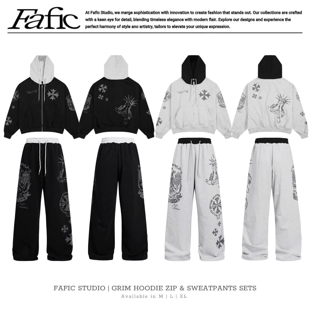 Áo khoác zip , Quần dài ống RỘNG , set bộ nỉ cua GRIM Streetwear chất dày dáng BOXY Fafic Studio Unisex dành cho nam nữ