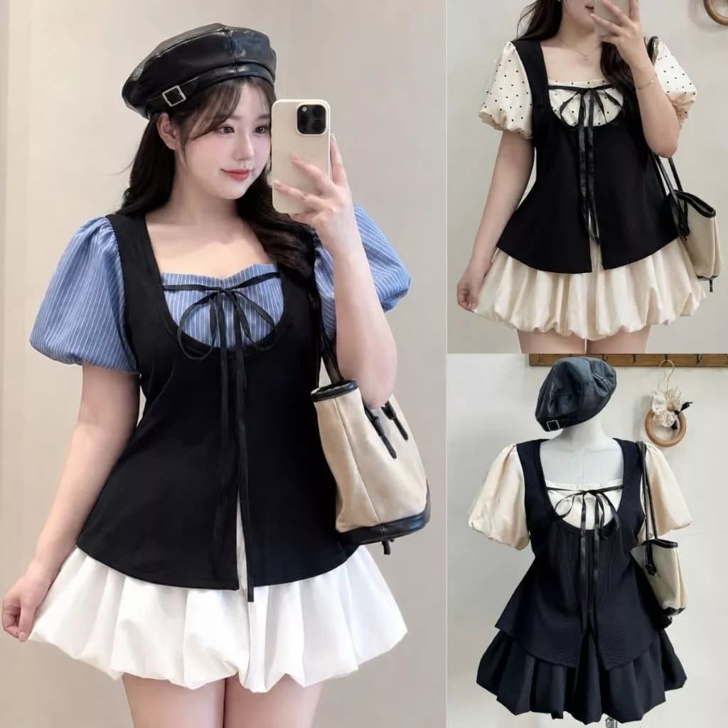 Set Tiểu Thư Áo Thun Kiểu Bigsize Nữ Chấm Bi/ Sọc Thiết Kế Cổ Vuông Tay Bồng Bo Chun Cổ Phối Nơ Kèm Chân Váy -A369/CV413