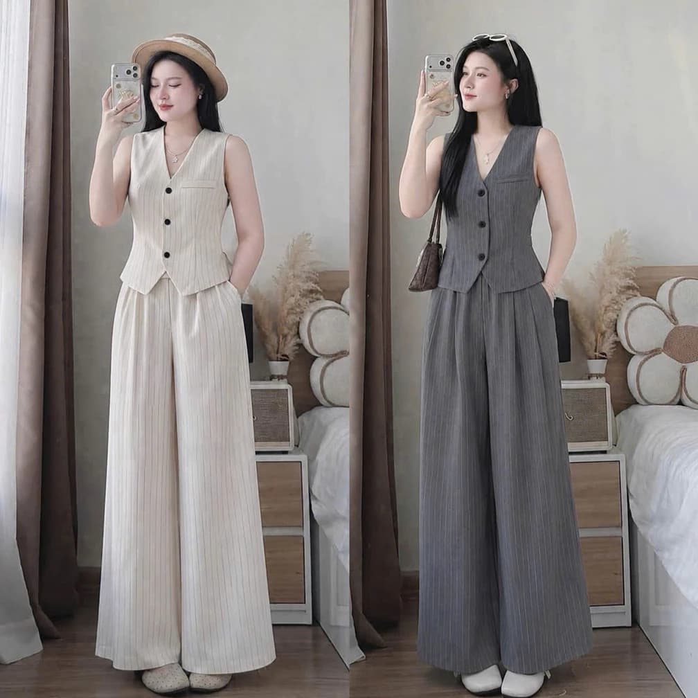 (MAY KỸ - ĐẸP ) Set Áo Gile Kẻ Sọc kèm Quần Suông Dài Nữ, Chất đẹp Thời Trang có Bigsize THOITRANGNAM1986