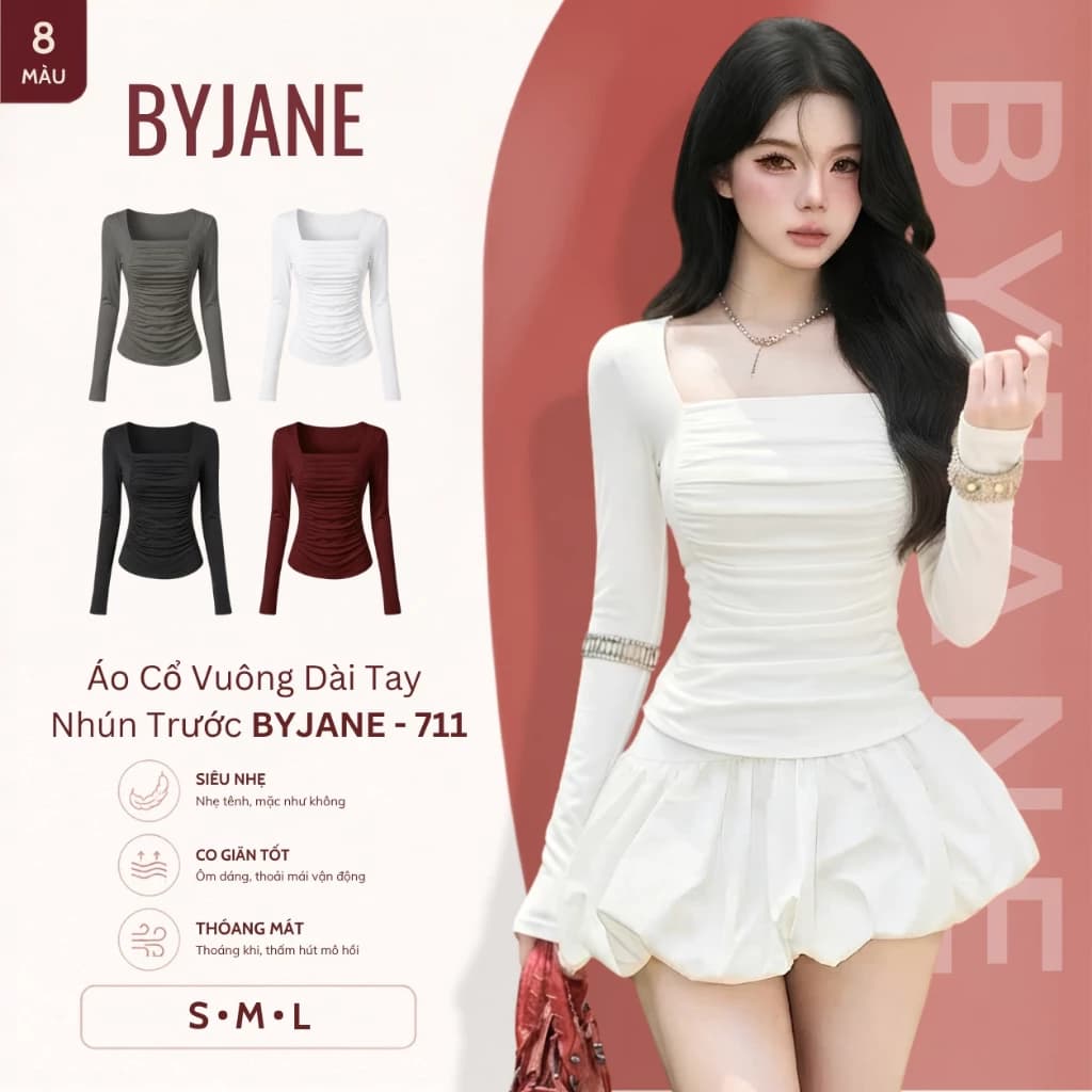 Áo Thun Nữ Dài Tay Ôm Body Cổ Vuông Nhún Trước Chất Thun Mịn Co Dãn 4 Chiều BYJANE - 711