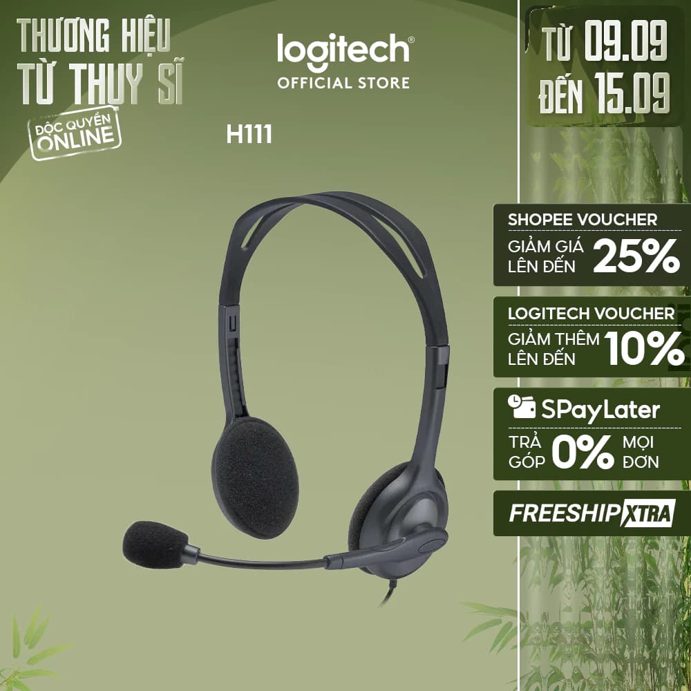 Tai nghe chụp tai Logitech H111 - 1 jack 3.5mm, Mic khử giảm tiếng ồn, âm thanh nổi